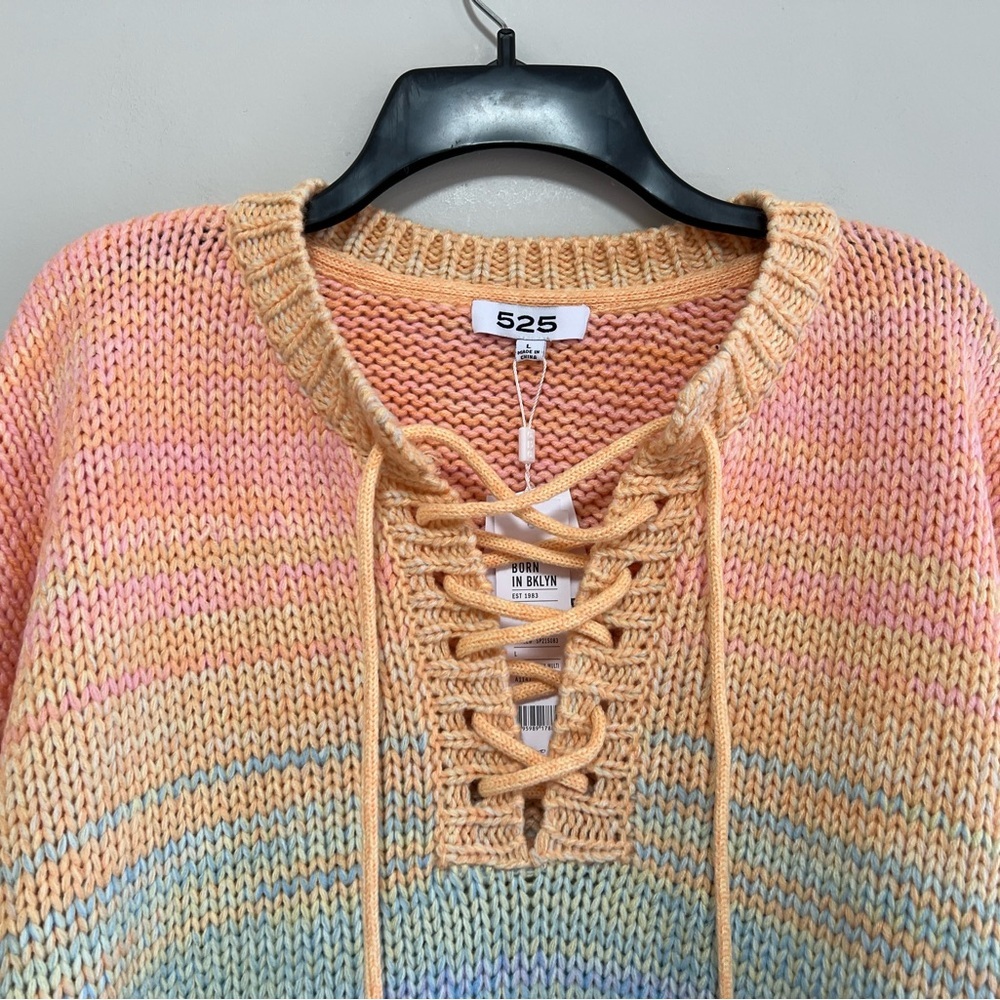525 America Born in Brooklyn NWT Lace-Up V-Neck Rainbow Marled Knit Sweater, L - Picture 8 of 13